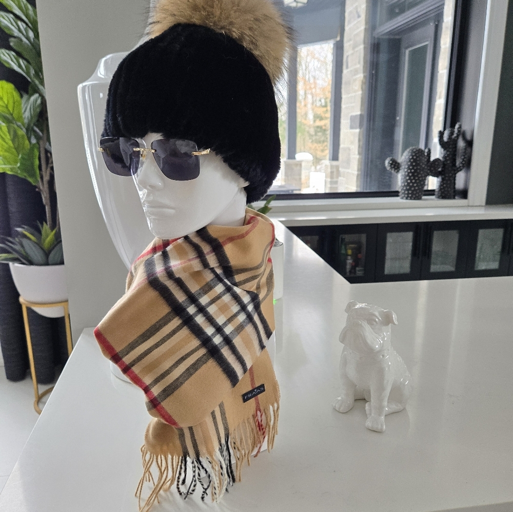 Fraas Tan and Black Scarf with Fringed Ends